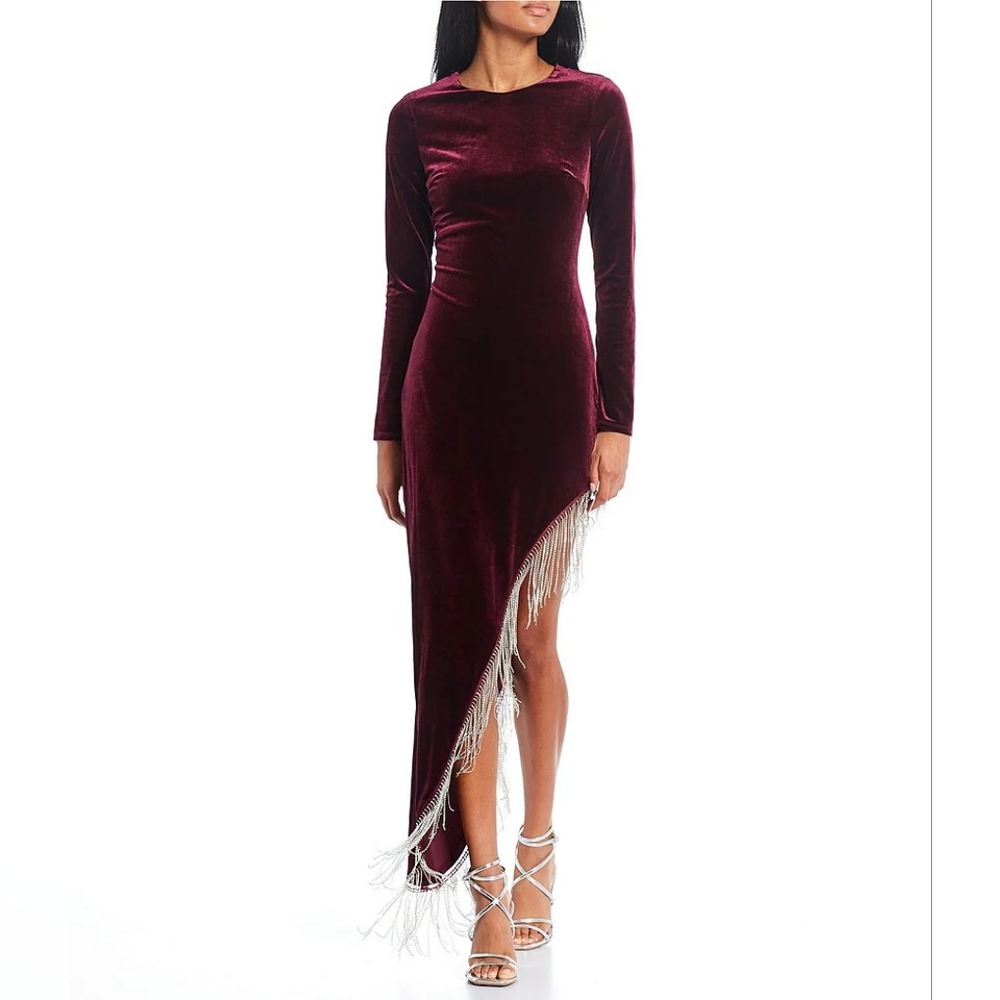 City Vibe Velvet Long Sleeve Asymmetrical Hem Fringe Trim Long Dress